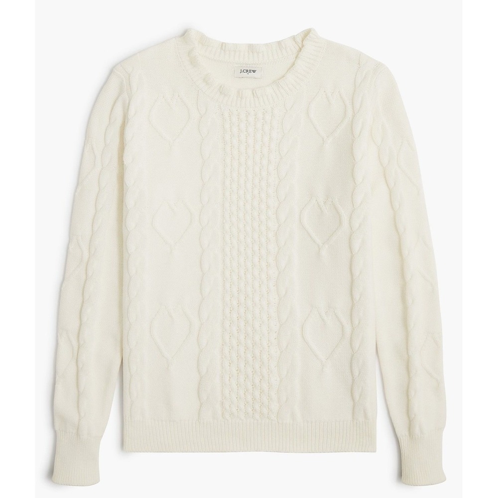 J.Crew Sweater‎ Women Medium White Heart Cable Knit Ruffle Neck Preppy Coquette